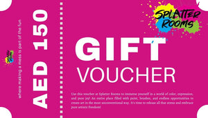 Gift Voucher for 150 AED off art experience at splatter rooms in Abu Dhabi.