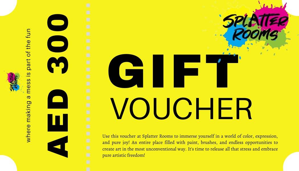 Gift Voucher for 300 AED off art experience at splatter rooms in Abu Dhabi.