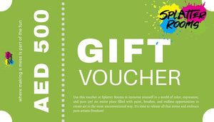 Gift Voucher for 500 AED off art experience at splatter rooms in Abu Dhabi.