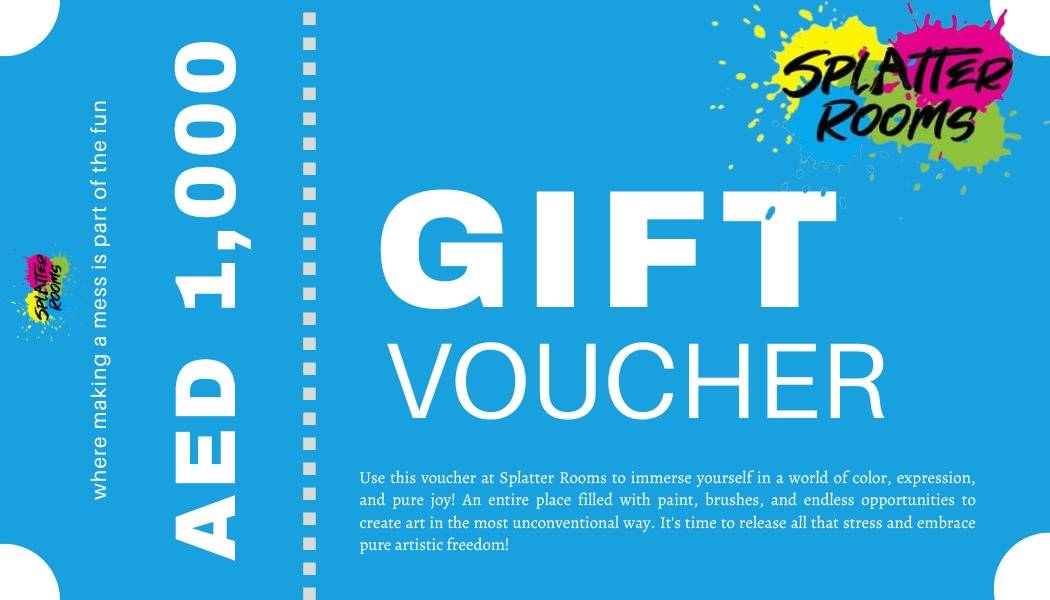 Gift Voucher for 1000 AED off art experience at splatter rooms in Abu Dhabi.