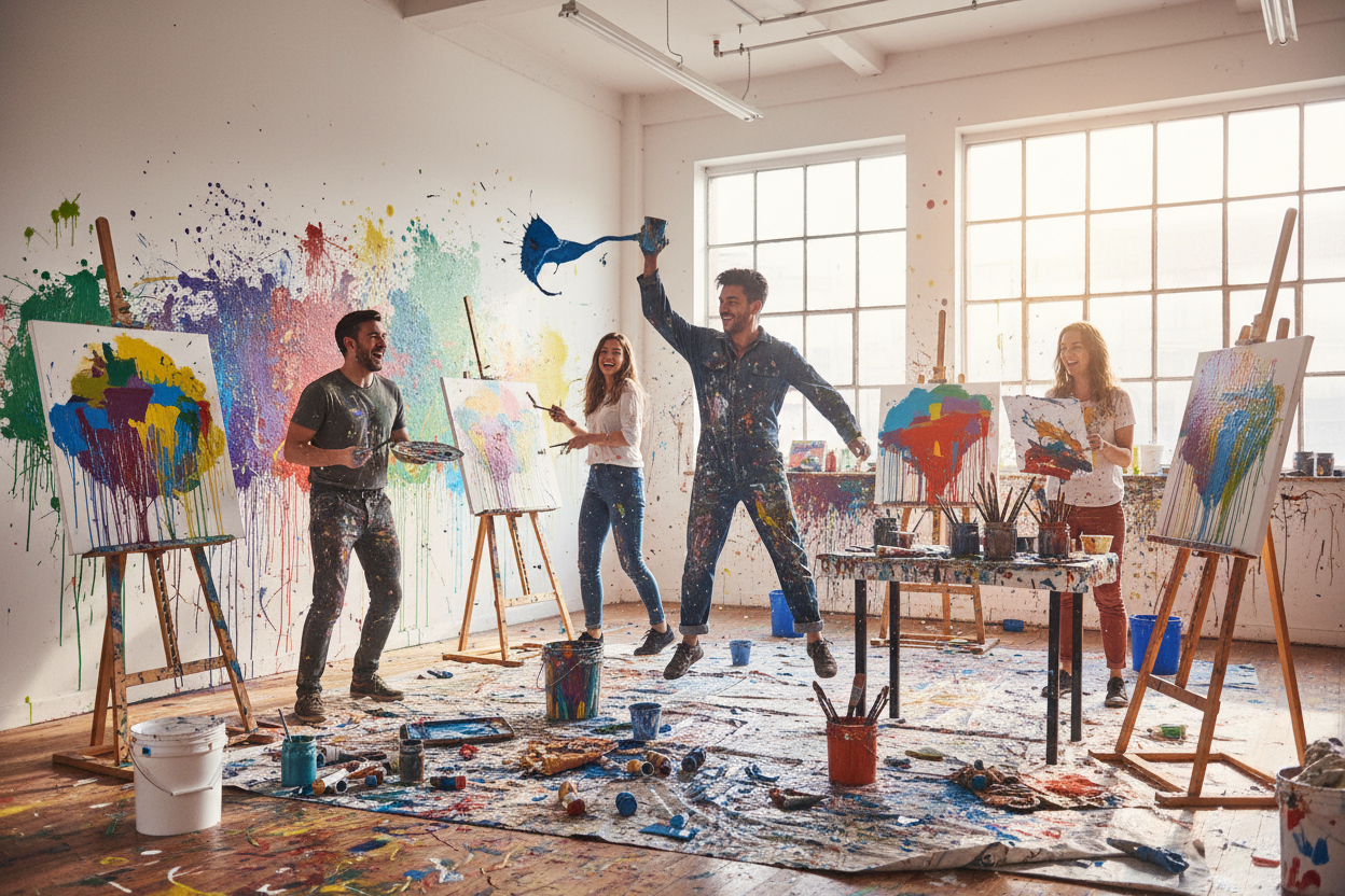 painting and having fun with friends with freestyle art in an art studio with paint everywhere